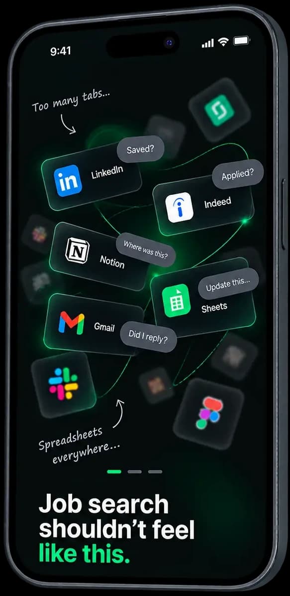 Job search tools scattered across LinkedIn, Indeed, Notion, Gmail and Slack