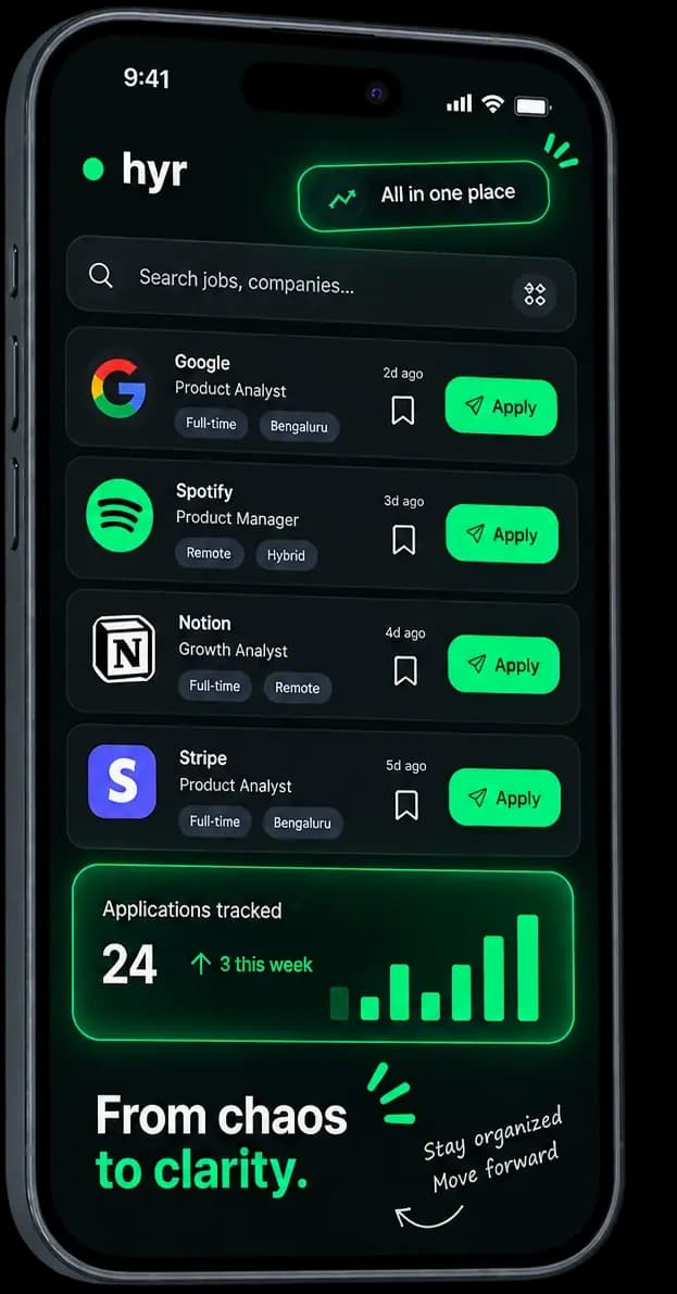 hyr's jobs feed showing Google, Spotify, Notion and Stripe roles with 24 applications tracked